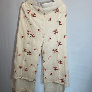 Womens Embroidered Pants Wide Leg Layered Crotchet Hemline Size 40/ 10-12 Pullon
